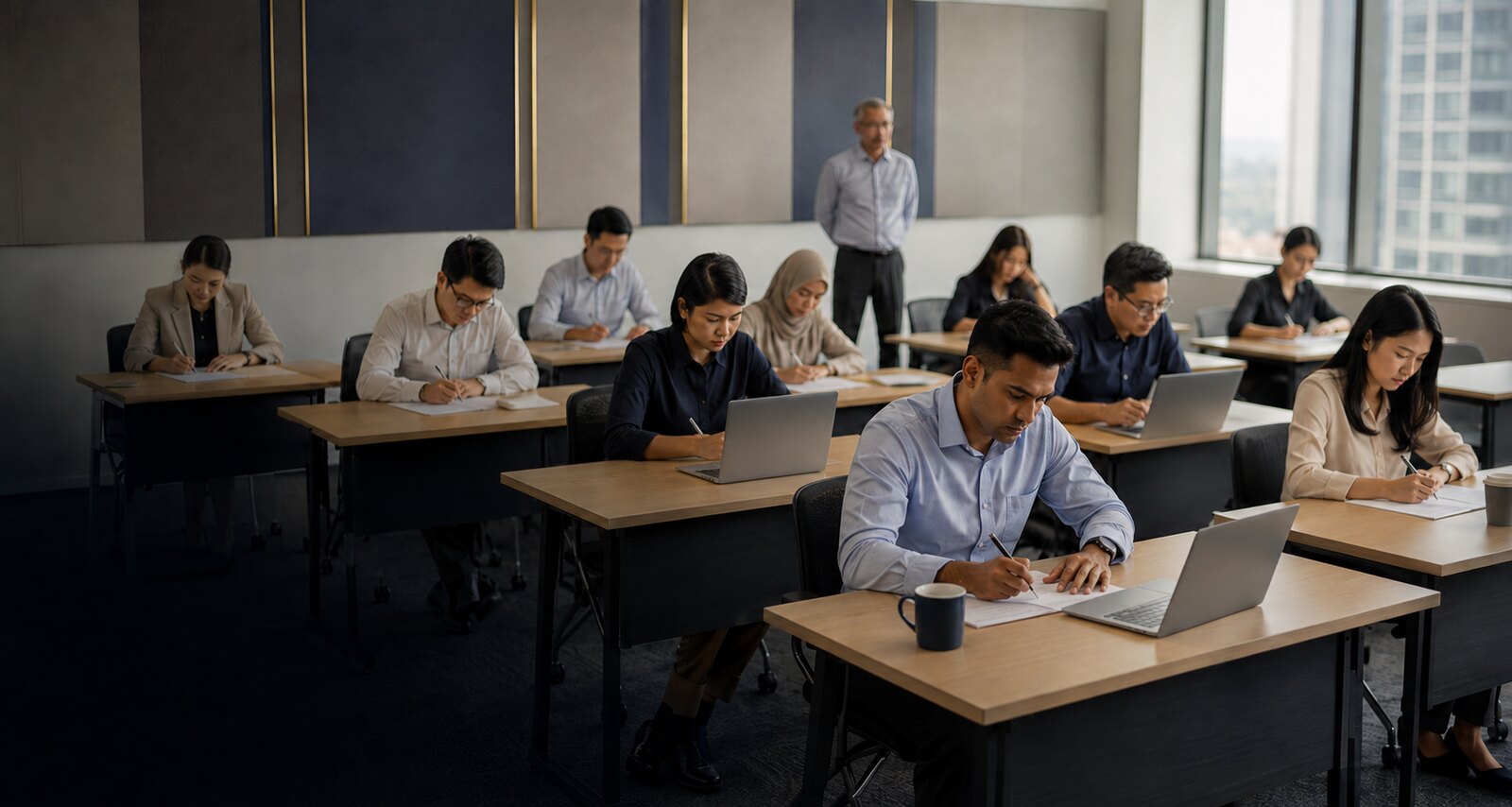 Adult learners completing an independent CEI KAH practice examination in a modern classroom